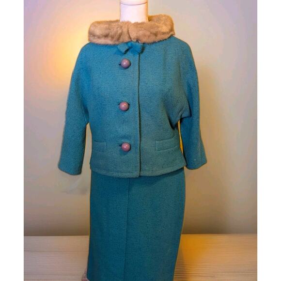 Vtg 1960s Turquoise Boucle Suit By Kennie Originals Fur Collar MCM Old Money - Picture 1 of 16